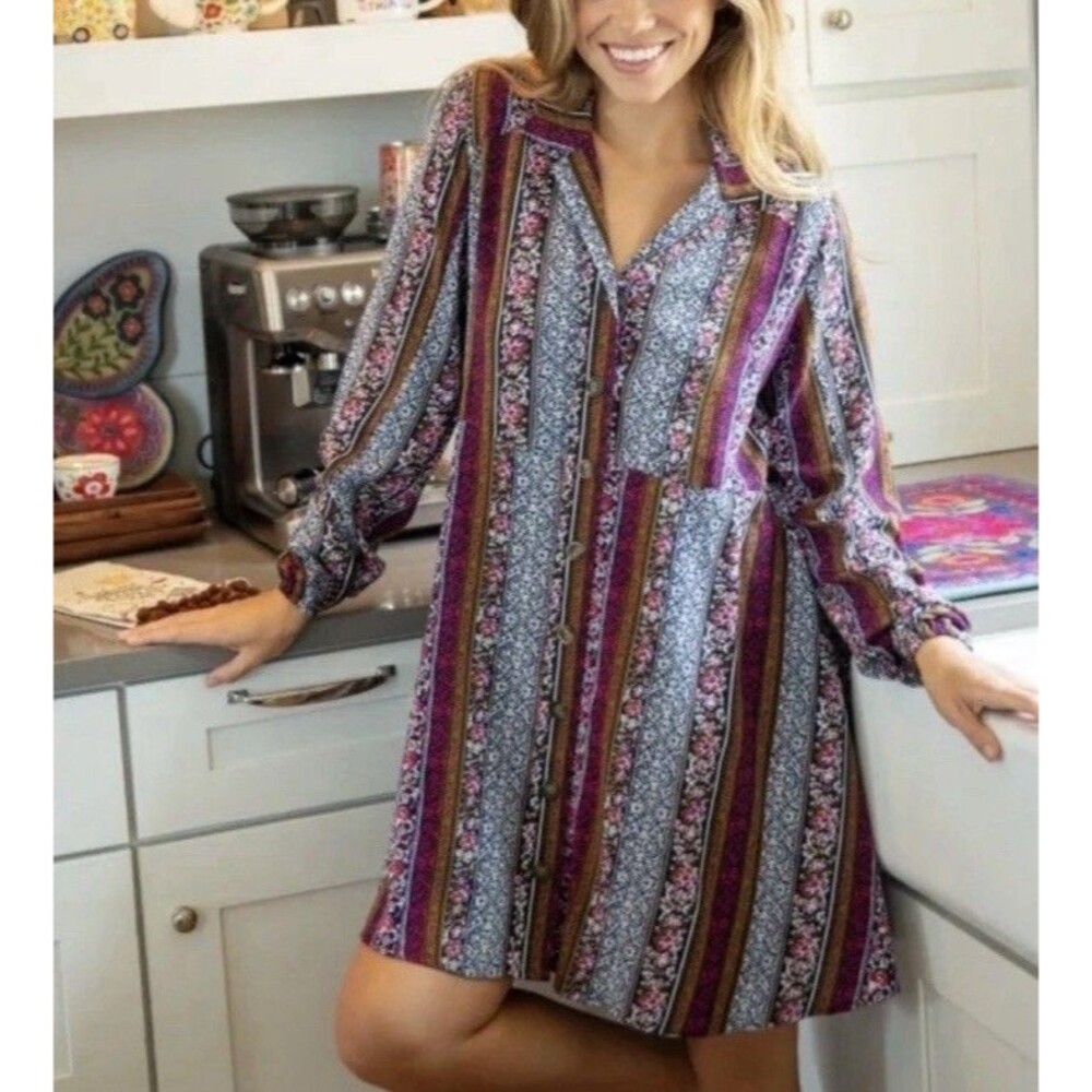 Natural Life Shirt Dress Womens M Floral Boho Patchwork Cottage Indie Hippy NWT